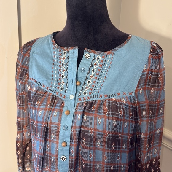 DejaVu Boho Plaid Embroidered Tunic Top Blue Brown western Peasant Large - Picture 8 of 13